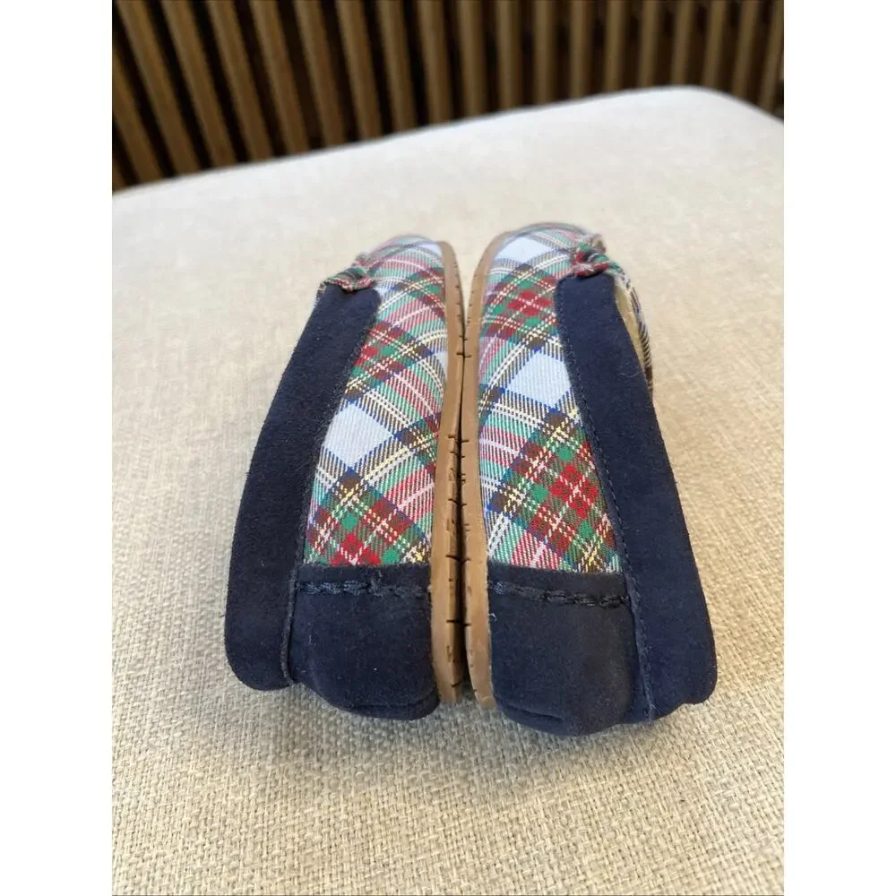 Lands' End Size 1 Childs Suede Slippers Moccasin Navy Blue Faux Fur Monogram “N”